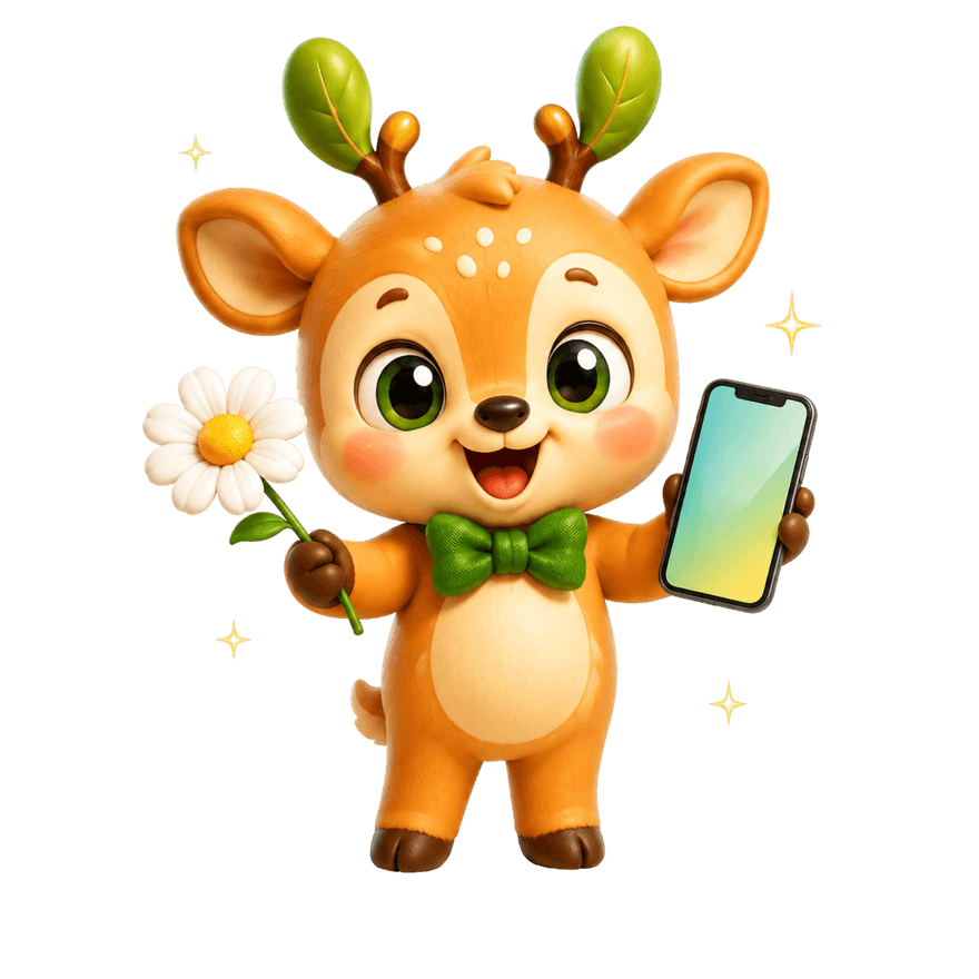 Greenie, the BetterPick mascot, holding a daisy and phone with a welcoming smile